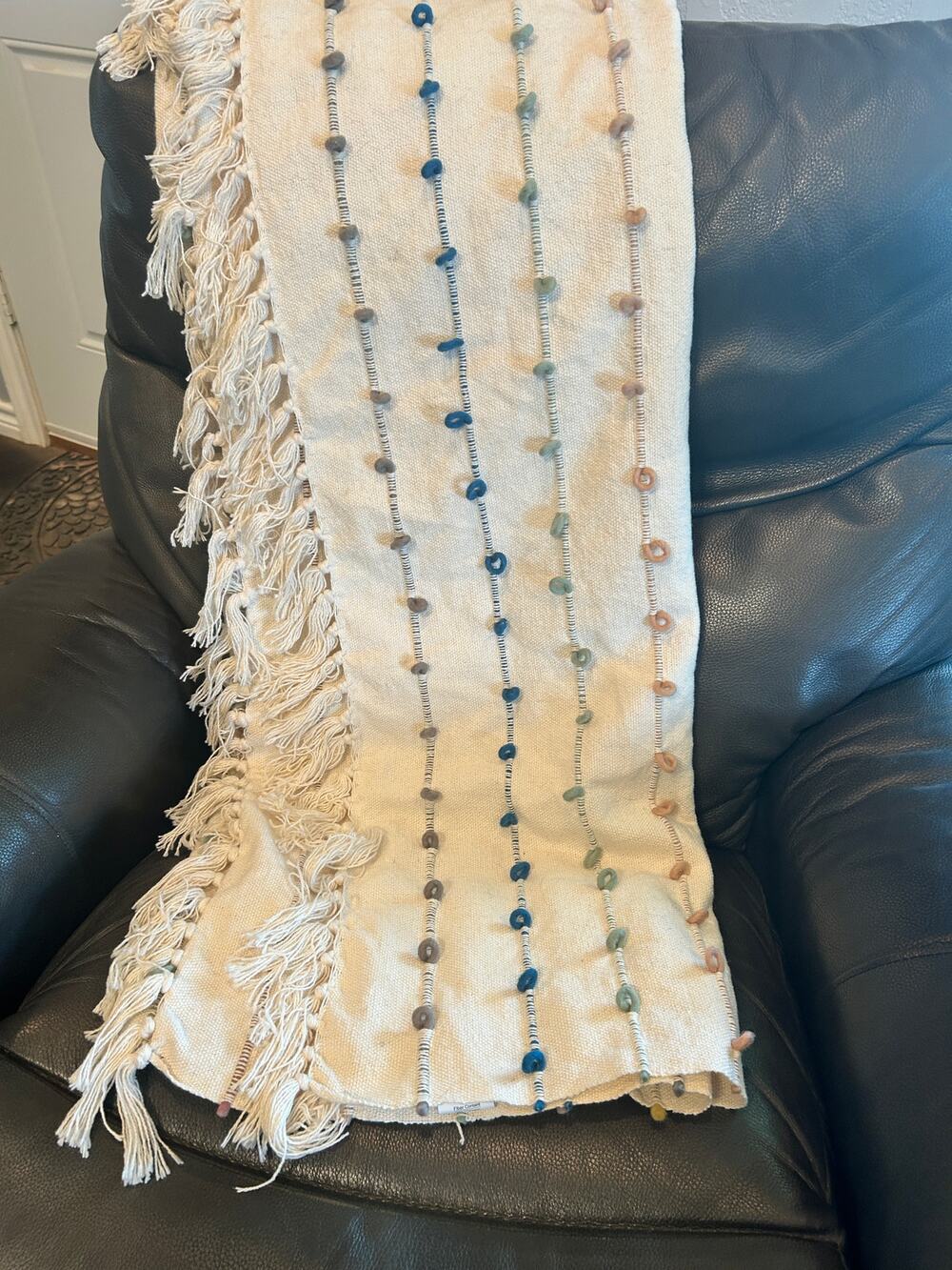 Boho Woven Cotton Wool Throw Blanket – Cream with Colorful Tufted Dots & Fringe